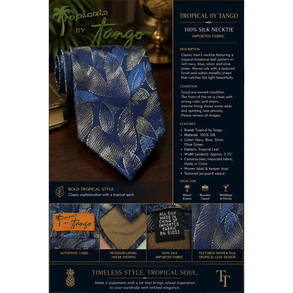 Tropicals by Tango Mens Silk Tie Blue Silver Leaf Botanical Pattern RN 51093